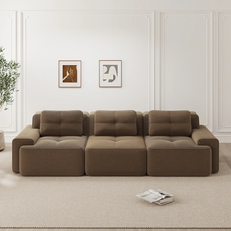 Canapé modulable 3 places capitonné en velours côtelé marron, sans montage FABRIC SOFA