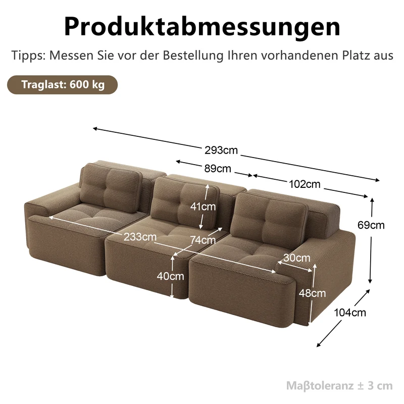 Canapé modulable 3 places capitonné en velours côtelé marron, sans montage FABRIC SOFA