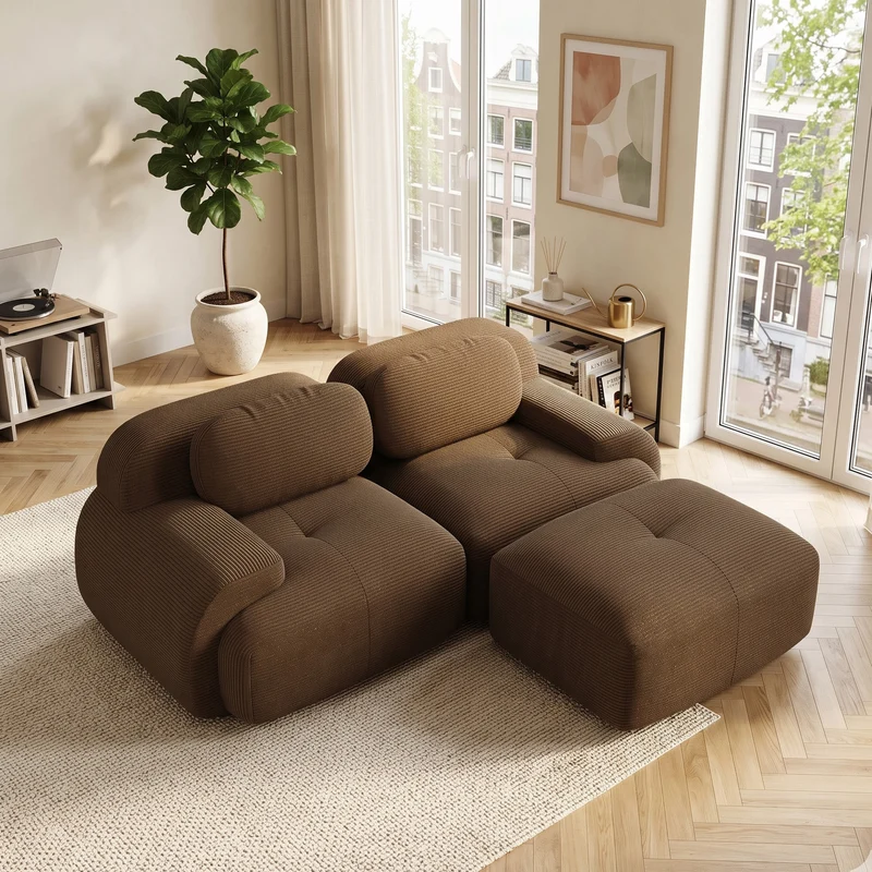 Canapé d'angle modulable en velours côtelé marron avec pouf et accoudoirs courbés, sans montage FLEX CEILING