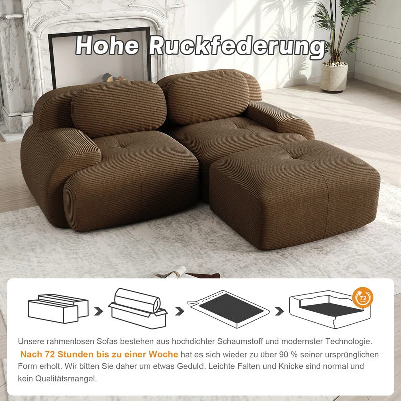 Canapé d'angle modulable en velours côtelé marron avec pouf et accoudoirs courbés, sans montage FLEX CEILING