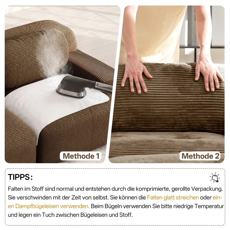Canapé d'angle modulable en velours côtelé marron avec pouf et accoudoirs courbés, sans montage FLEX CEILING