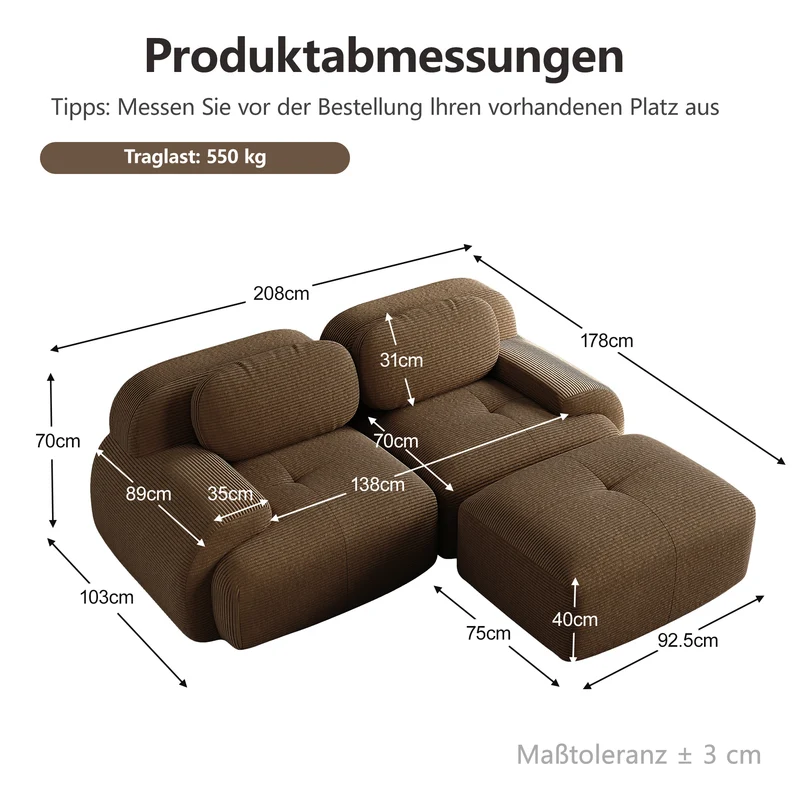 Canapé d'angle modulable en velours côtelé marron avec pouf et accoudoirs courbés, sans montage FLEX CEILING
