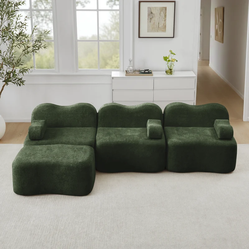 Canapé d'angle modulaire 3 places en velours vert avec pouf, forme vague, assise profonde, sans montage ELEGANT VASE ART