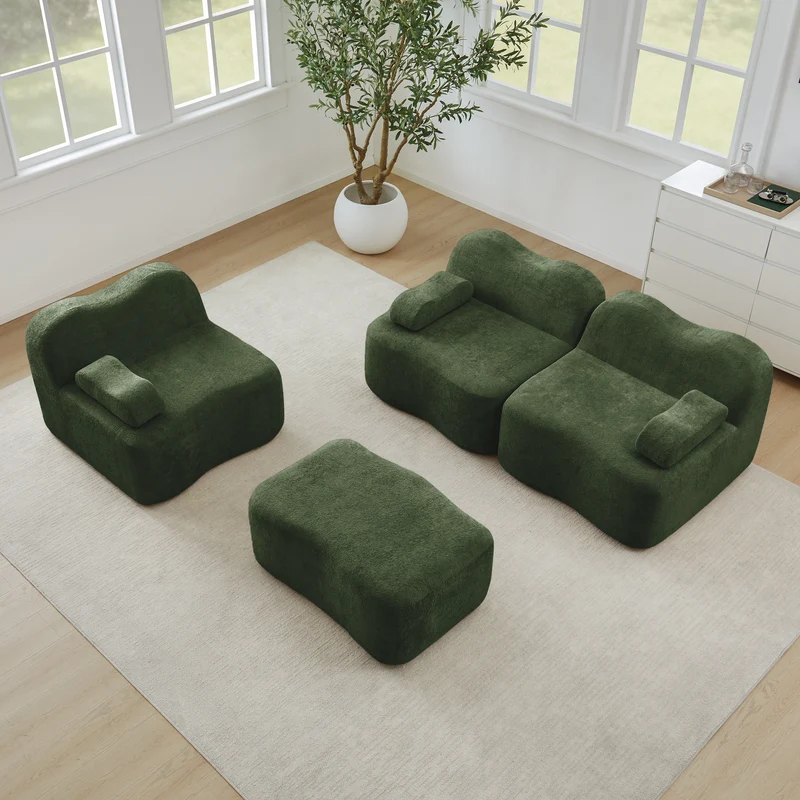 Canapé d'angle modulaire 3 places en velours vert avec pouf, forme vague, assise profonde, sans montage ELEGANT VASE ART