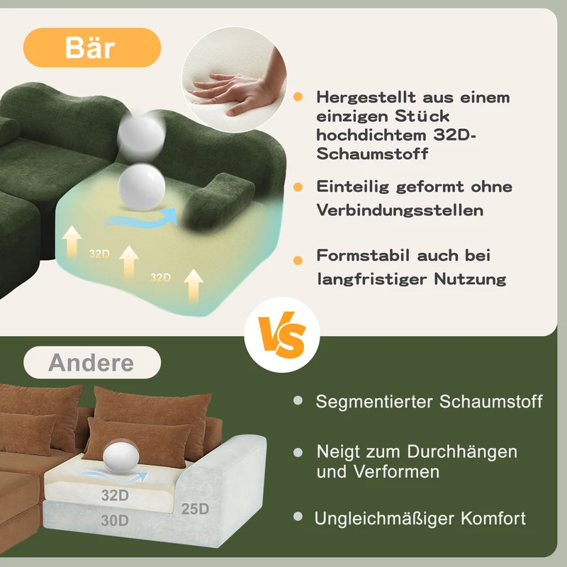 Canapé d'angle modulaire 3 places en velours vert avec pouf, forme vague, assise profonde, sans montage ELEGANT VASE ART