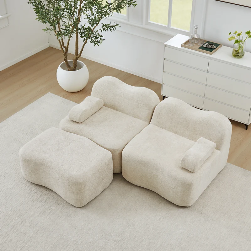 Canapé d'angle modulaire 2 places en velours beige avec pouf, forme vague, sans montage ELEGANT VANITY SET