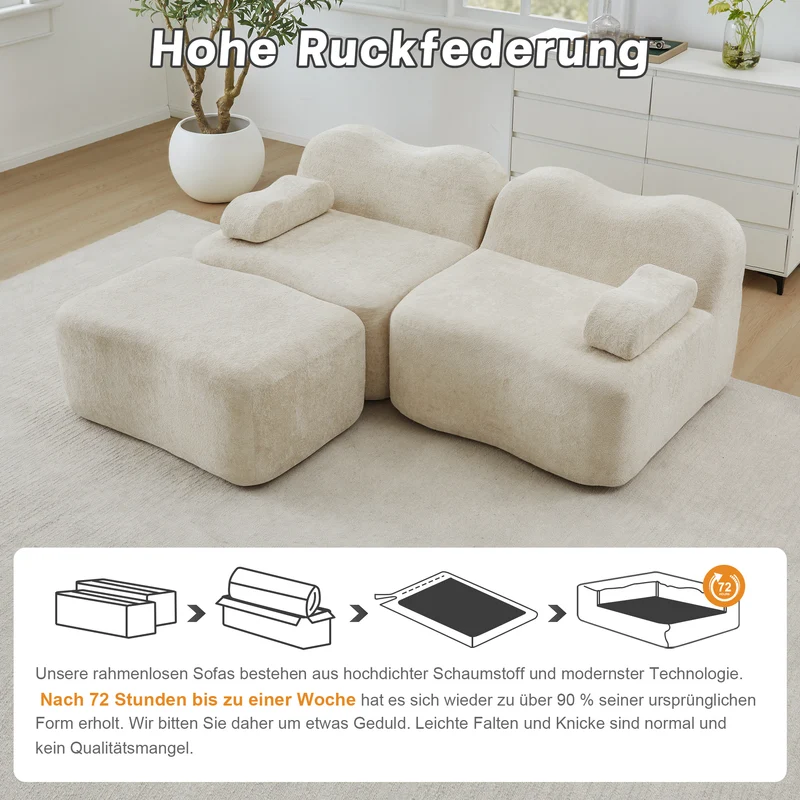 Canapé d'angle modulaire 2 places en velours beige avec pouf, forme vague, sans montage ELEGANT VANITY SET