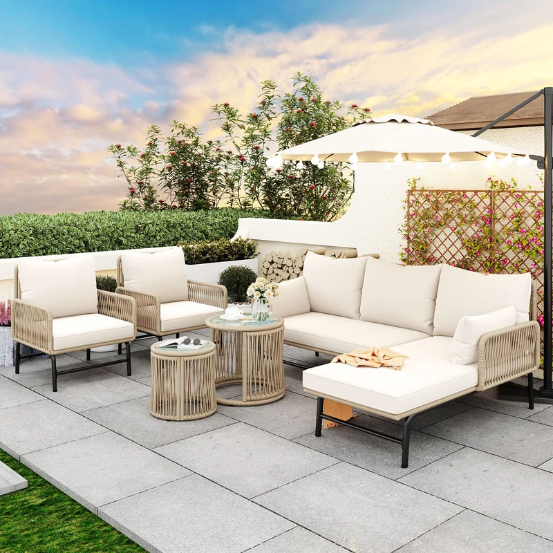 Salon de jardin en corde tressée beige, 6 pièces, 2 fauteuils, 2 canapés 2 places, 2 tables basse rondes, coussins inclus TERRALRE