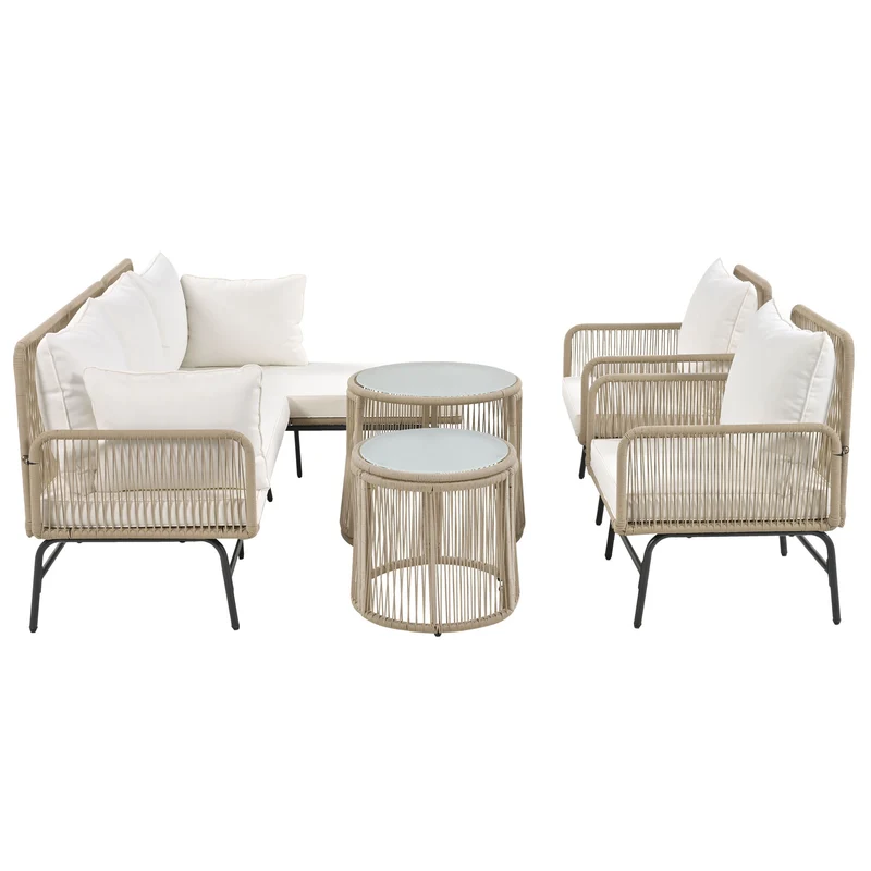 Salon de jardin en corde tressée beige, 6 pièces, 2 fauteuils, 2 canapés 2 places, 2 tables basse rondes, coussins inclus TERRALRE