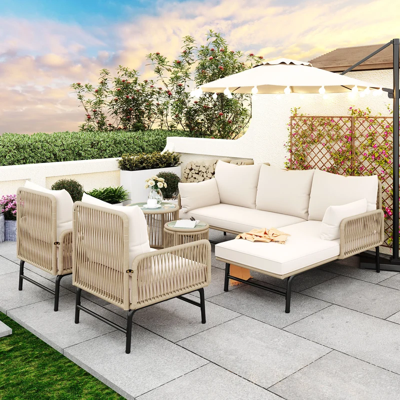 Salon de jardin en corde tressée beige, 6 pièces, 2 fauteuils, 2 canapés 2 places, 2 tables basse rondes, coussins inclus TERRALRE