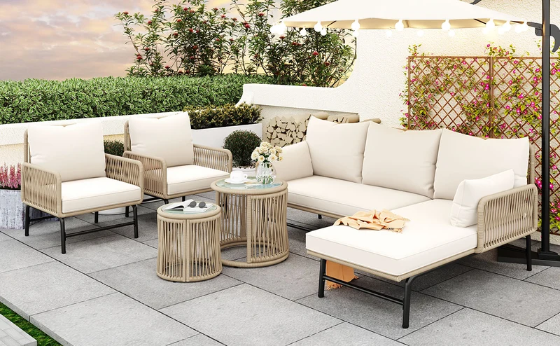Salon de jardin en corde tressée beige, 6 pièces, 2 fauteuils, 2 canapés 2 places, 2 tables basse rondes, coussins inclus TERRALRE