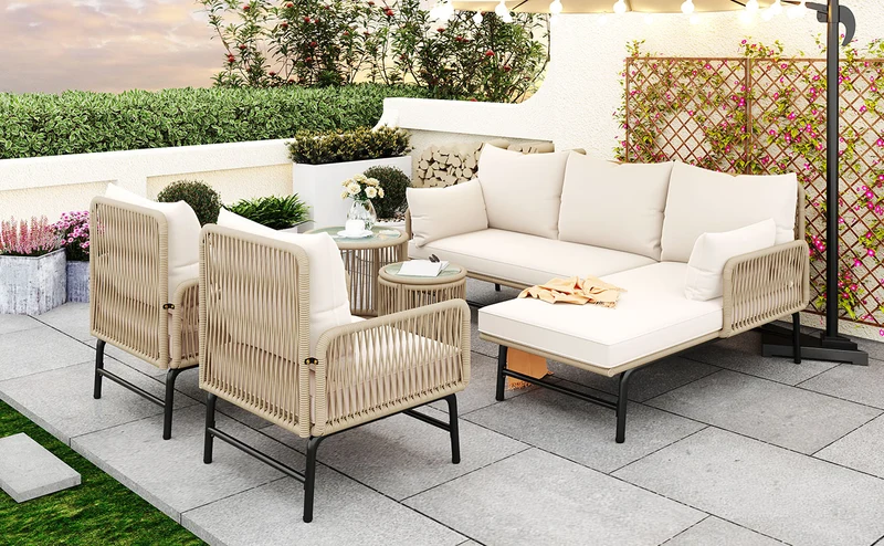 Salon de jardin en corde tressée beige, 6 pièces, 2 fauteuils, 2 canapés 2 places, 2 tables basse rondes, coussins inclus TERRALRE