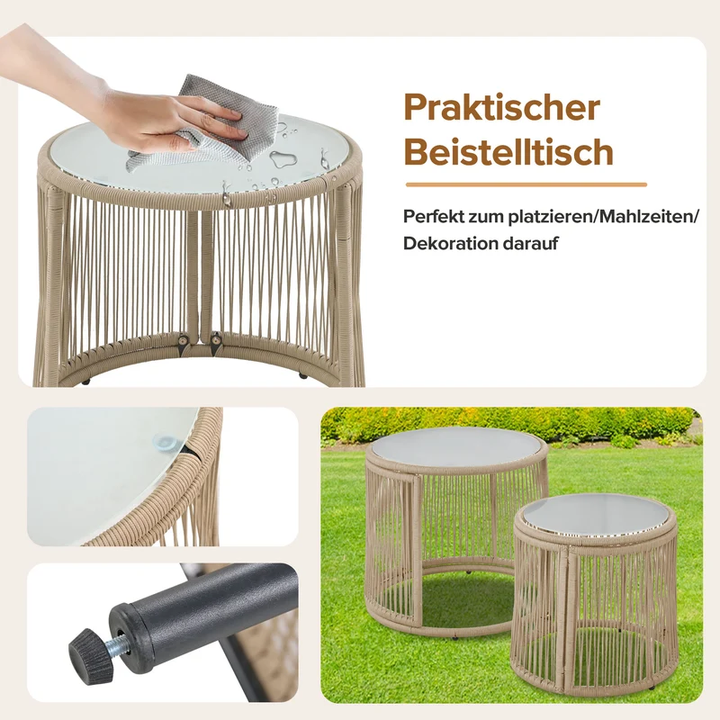 Salon de jardin en corde tressée beige, 6 pièces, 2 fauteuils, 2 canapés 2 places, 2 tables basse rondes, coussins inclus TERRALRE
