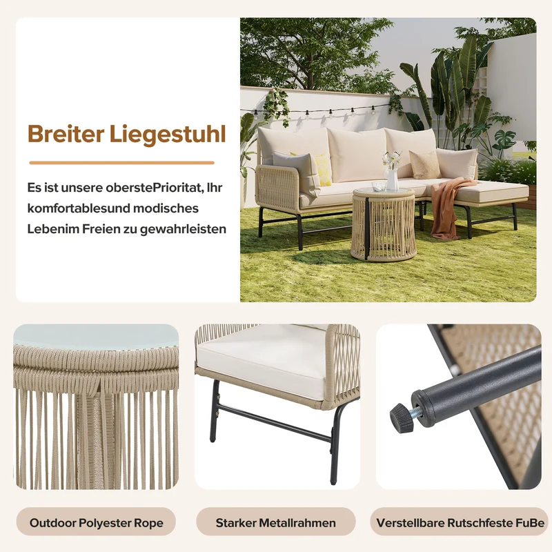 Salon de jardin en corde tressée beige, 6 pièces, 2 fauteuils, 2 canapés 2 places, 2 tables basse rondes, coussins inclus TERRALRE