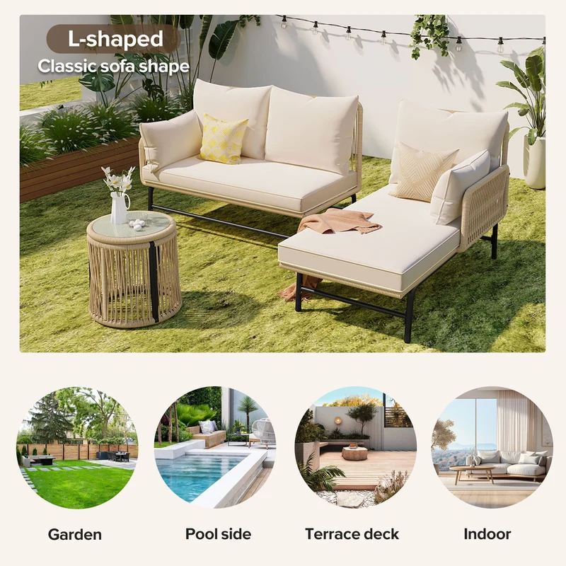 Salon de jardin en corde tressée beige, 6 pièces, 2 fauteuils, 2 canapés 2 places, 2 tables basse rondes, coussins inclus TERRALRE