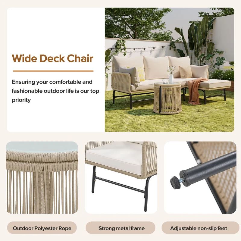 Salon de jardin en corde tressée beige, 6 pièces, 2 fauteuils, 2 canapés 2 places, 2 tables basse rondes, coussins inclus TERRALRE