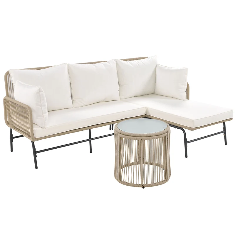 Salon de jardin en corde tressée beige, 6 pièces, 2 fauteuils, 2 canapés 2 places, 2 tables basse rondes, coussins inclus TERRALRE