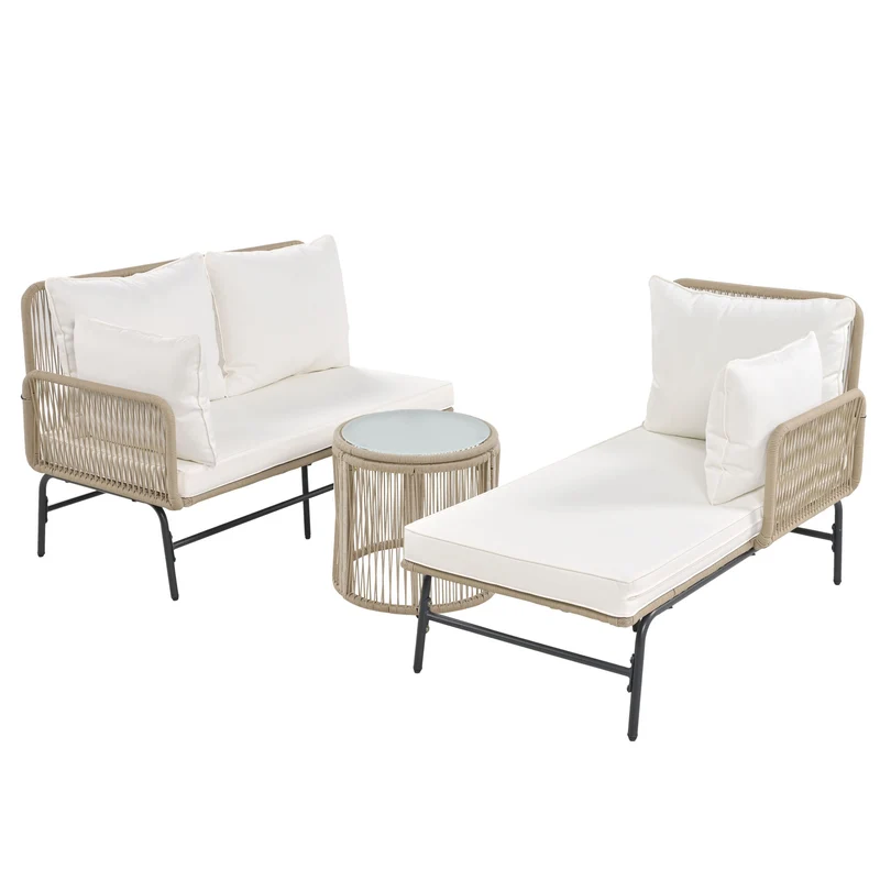 Salon de jardin en corde tressée beige, 6 pièces, 2 fauteuils, 2 canapés 2 places, 2 tables basse rondes, coussins inclus TERRALRE