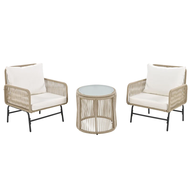 Salon de jardin en corde tressée beige, 6 pièces, 2 fauteuils, 2 canapés 2 places, 2 tables basse rondes, coussins inclus TERRALRE