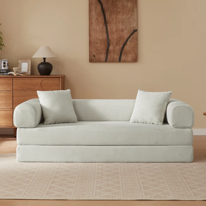 Canapé 3 places modulable convertible sans armature, velours beige, style tatami 195x89x59cm NEXUSLOTH