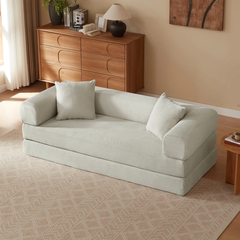Canapé 3 places modulable convertible sans armature, velours beige, style tatami 195x89x59cm NEXUSLOTH