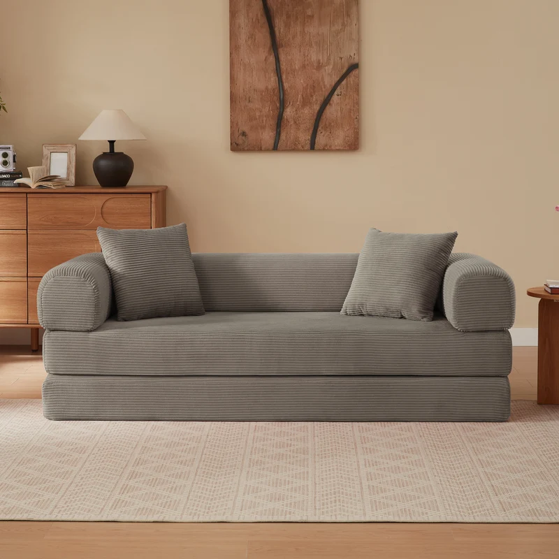 Canapé 3 places modulable convertible sans armature, velours taupe, style tatami 195x89x59cm MERIDIANLIRA