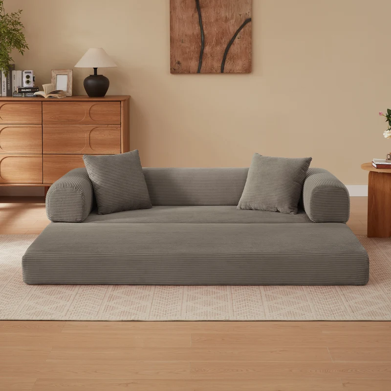 Canapé 3 places modulable convertible sans armature, velours taupe, style tatami 195x89x59cm MERIDIANLIRA
