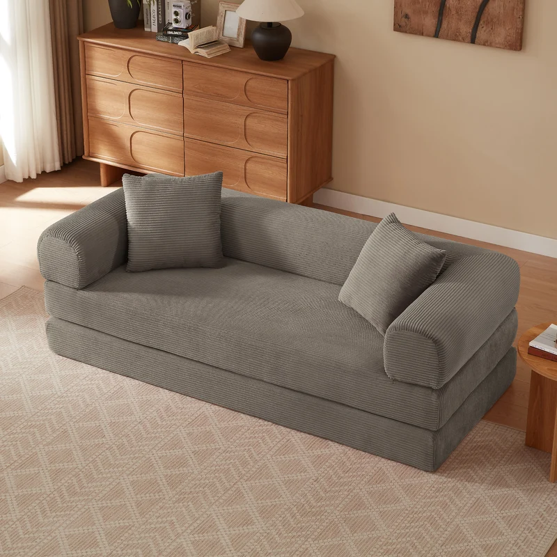 Canapé 3 places modulable convertible sans armature, velours taupe, style tatami 195x89x59cm MERIDIANLIRA