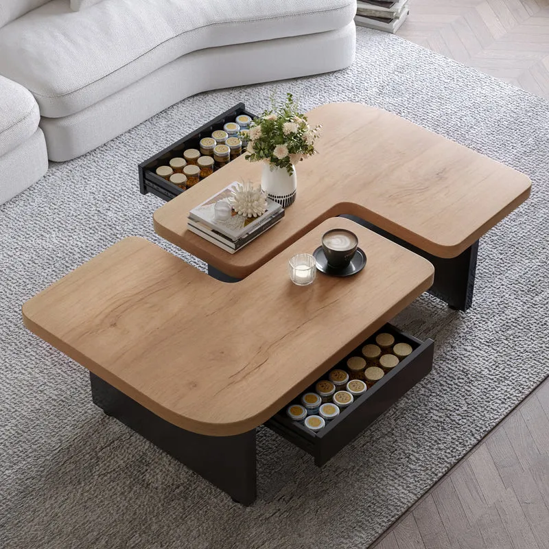 Set de 2 tables basses gigognes effet bois et design en S avec éclairage LED intégré et 2 tiroirs