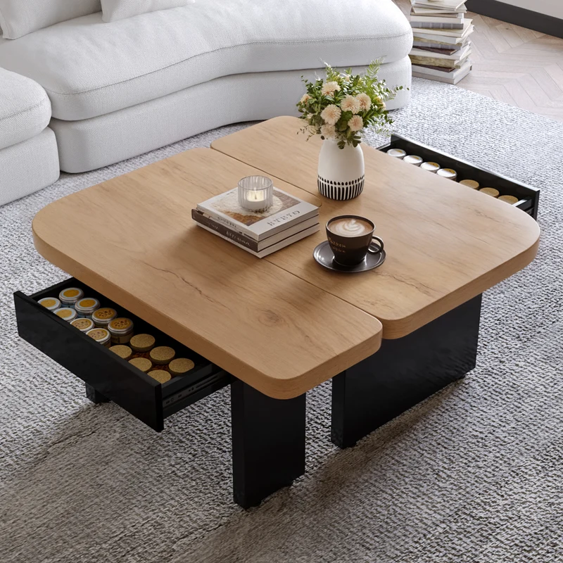 Set de 2 tables basses gigognes effet bois et design en S avec éclairage LED intégré et 2 tiroirs