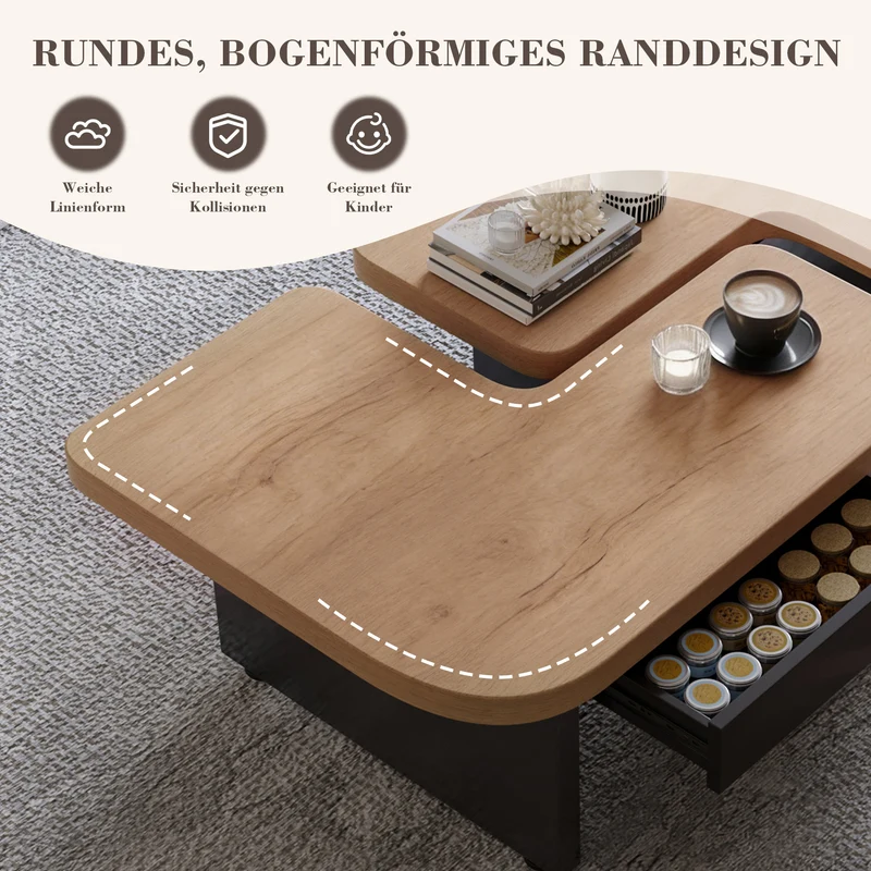 Set de 2 tables basses gigognes effet bois et design en S avec éclairage LED intégré et 2 tiroirs