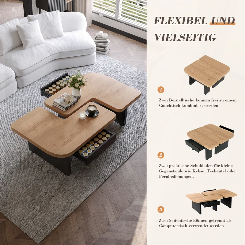 Set de 2 tables basses gigognes effet bois et design en S avec éclairage LED intégré et 2 tiroirs