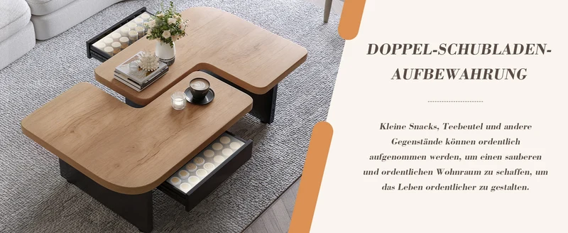 Set de 2 tables basses gigognes effet bois et design en S avec éclairage LED intégré et 2 tiroirs