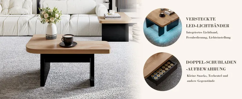 Set de 2 tables basses gigognes effet bois et design en S avec éclairage LED intégré et 2 tiroirs