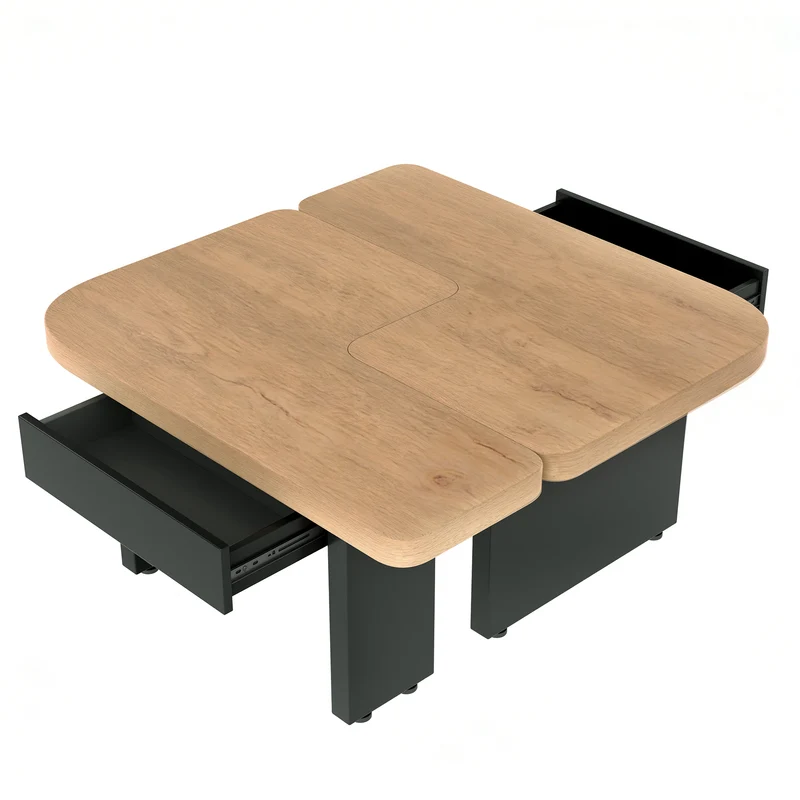Set de 2 tables basses gigognes effet bois et design en S avec éclairage LED intégré et 2 tiroirs