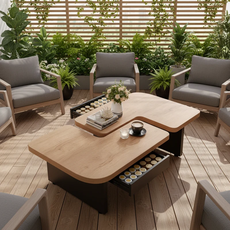 Set de 2 tables basses gigognes effet bois et design en S avec éclairage LED intégré et 2 tiroirs