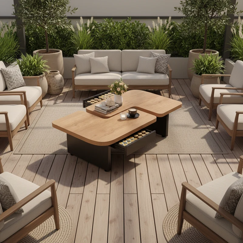 Set de 2 tables basses gigognes effet bois et design en S avec éclairage LED intégré et 2 tiroirs