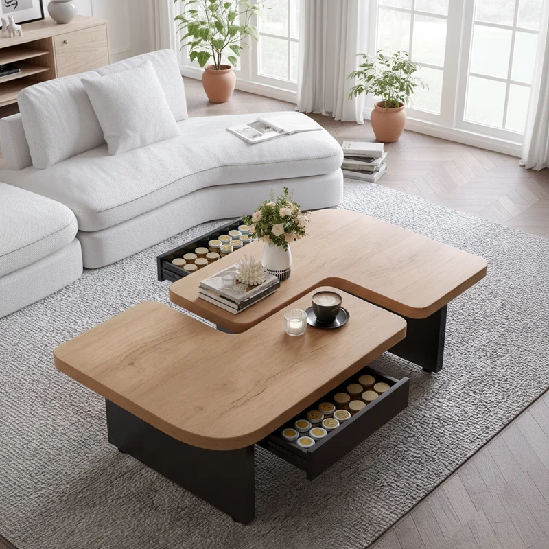 Set de 2 tables basses gigognes effet bois et design en S avec éclairage LED intégré et 2 tiroirs