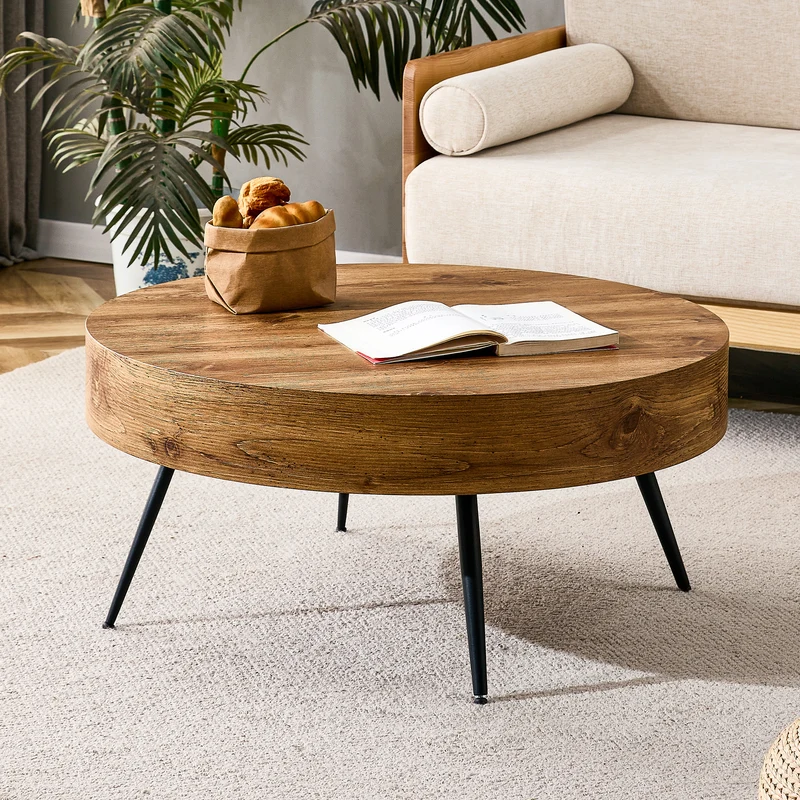 Table basse ronde 70 cm effet bois MDF pieds métal noir VISTALON