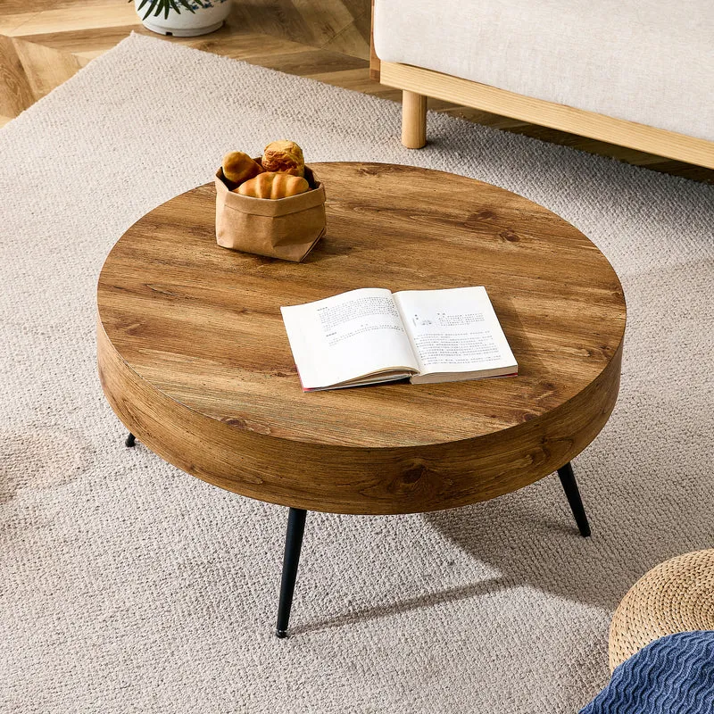 Table basse ronde 70 cm effet bois MDF pieds métal noir VISTALON