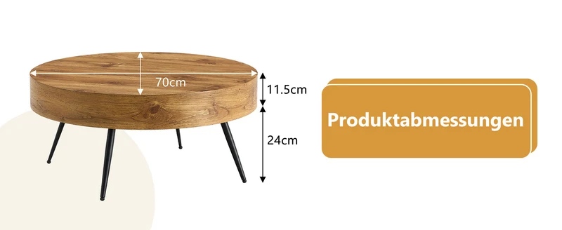 Table basse ronde 70 cm effet bois MDF pieds métal noir VISTALON