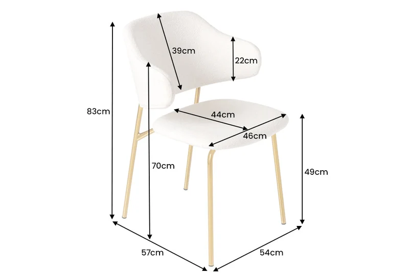 Lot de 2x chaises design VOGUE blanc Bouclé pieds métal doré