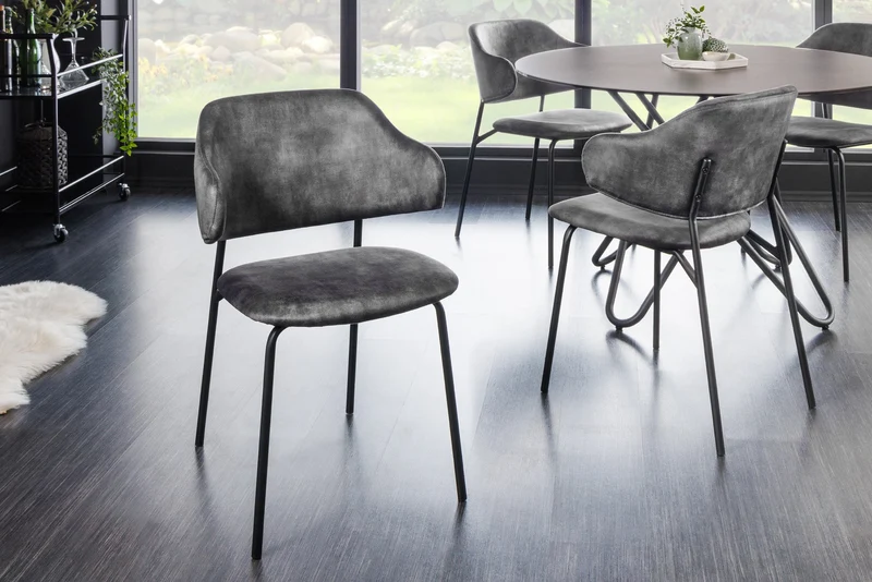 Lot de 2x chaises design VOGUE velours gris pieds métal noir
