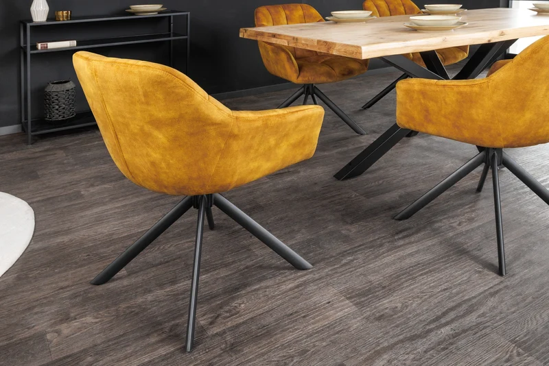 Lot de 2x chaises pivotante PAPILLON velours jaune moutarde pieds métal noir accoudoirs
