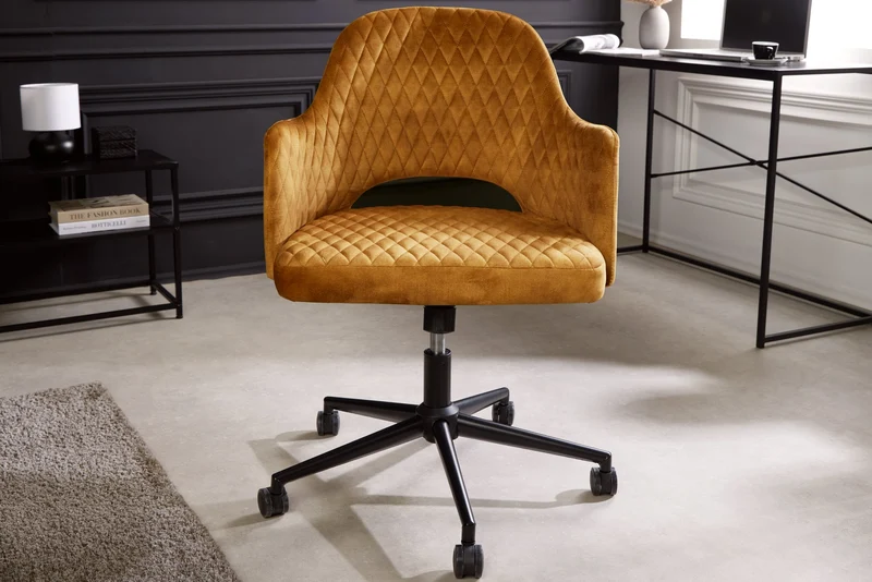 Lot de 2x chaises de bureau réglable en hauteur PARIS velours jaune moutarde accoudoirs noirs chaise pivotante