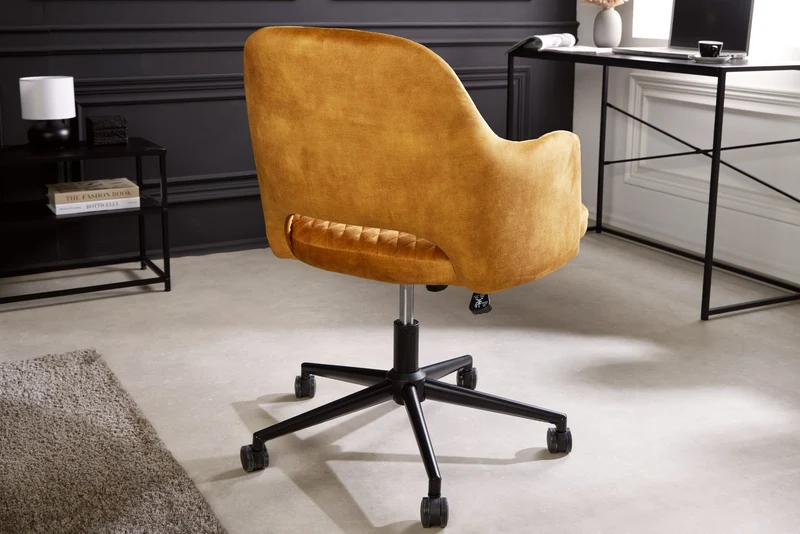 Lot de 2x chaises de bureau réglable en hauteur PARIS velours jaune moutarde accoudoirs noirs chaise pivotante