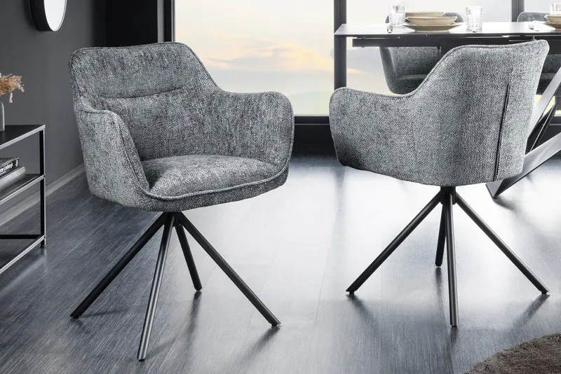 Lot de 2x chaises pivotante VERONA en tissu structuré gris avec accoudoirs et pieds en métal noir