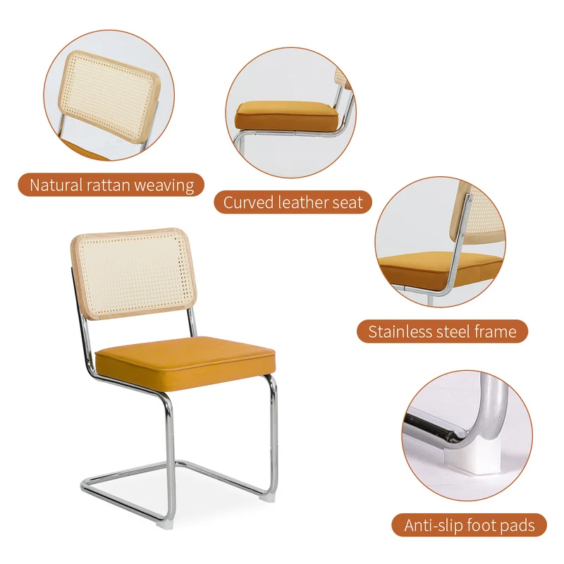 Lot de 2 chaises de salle à manger Breuer en velours orange et dossier en rotin, pieds chromés FLARELYNX