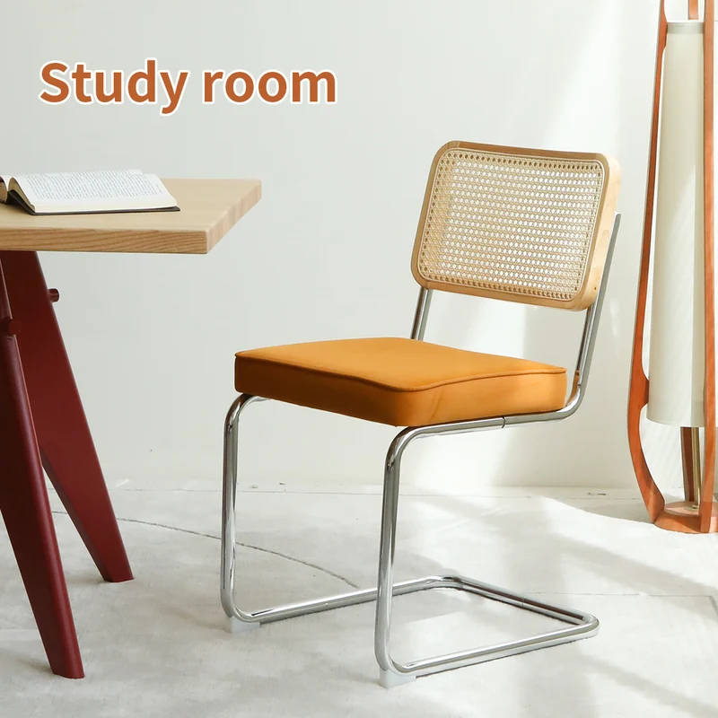 Lot de 2 chaises de salle à manger Breuer en velours orange et dossier en rotin, pieds chromés FLARELYNX