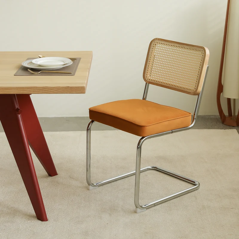 Lot de 2 chaises de salle à manger Breuer en velours orange et dossier en rotin, pieds chromés FLARELYNX